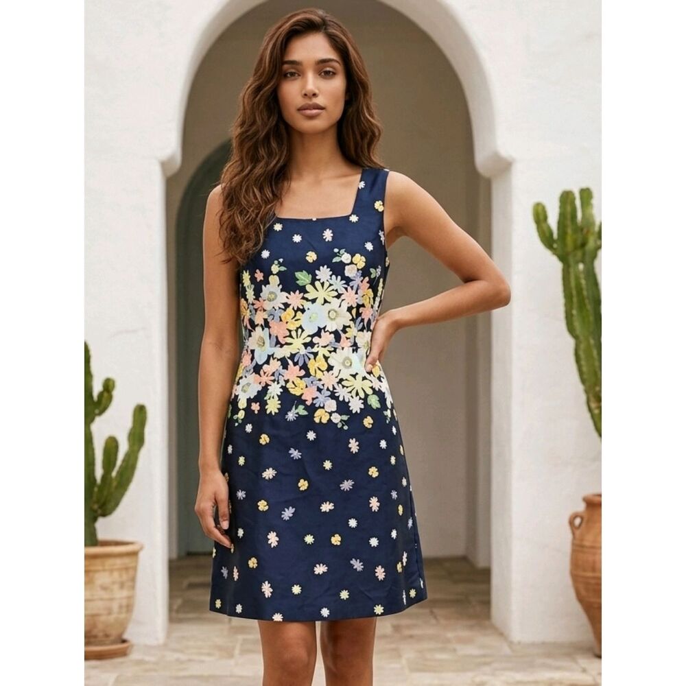 LOFT Floral Fit & Flare Cotton Brunch Work Dress Petite Sleeveless Knee Length
